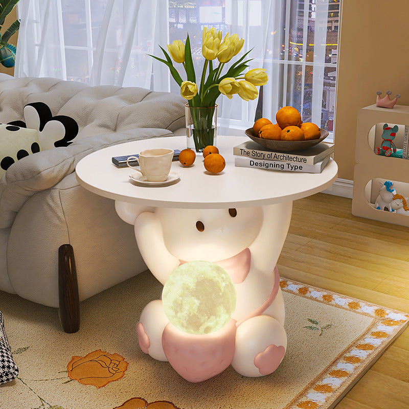 Modern Art Deco Kids Rabbit Round Plate Rectangular Drawer Resin Wood Enamel End Table 1-Drawer With LED Light For Bedroom