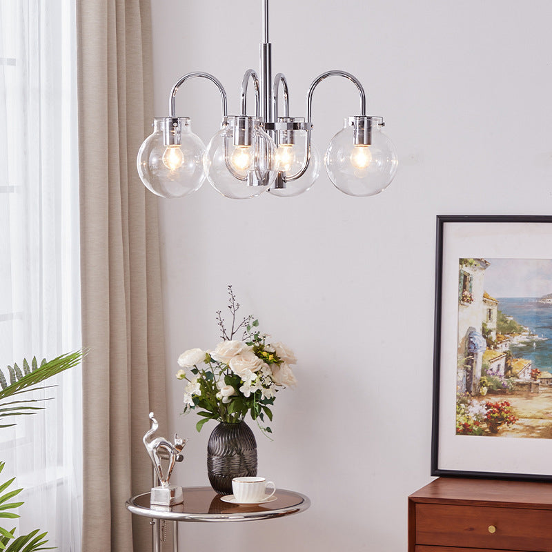 Contemporary Nordic Branch Curved Rod Round Globe Iron Glass 4/5 Light Chandelier For Living Room