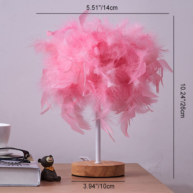 Modern Art Deco Feather Weaving Wood Base USB Rechargeable LED Table Lamp For Bedroom