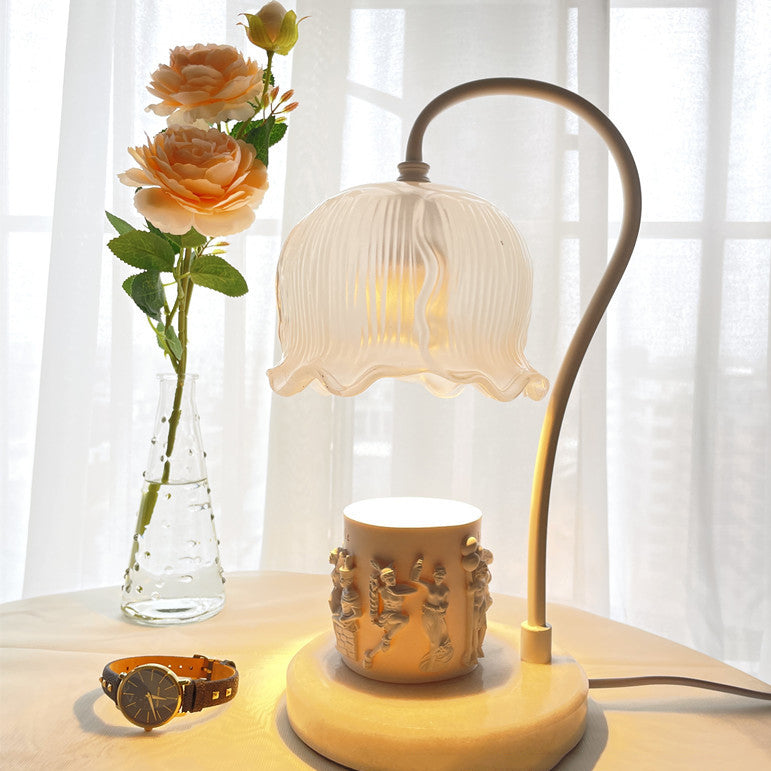 Modern Art Deco Flower Glass Shade Marble Base 1-Light Melting Wax Table Lamp For Bedroom