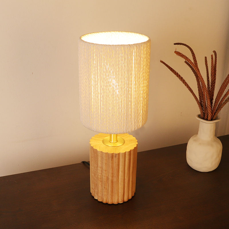 Traditional Japanese Column Wood Paper Rope 1-Light Table Lamp For Living Room