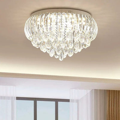 Modern Simplicity Stainless Steel Crystal Round Drop 7/9/10 Light Flush Mount Ceiling Light For Living Room