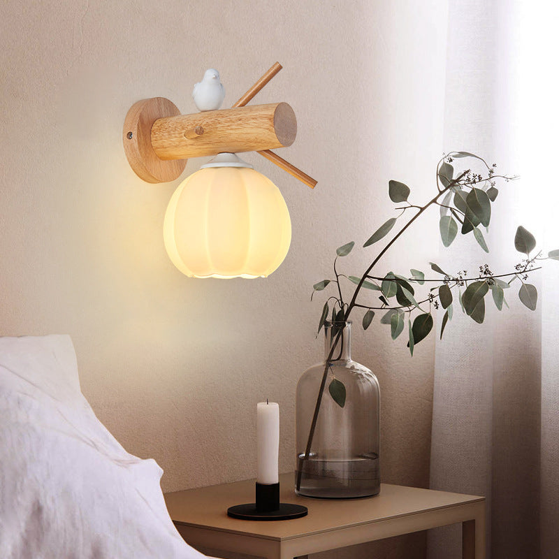 Modern Minimalist Pumpkin Bird Wood PE 1-Light Wall Sconce Lamp For Bedroom