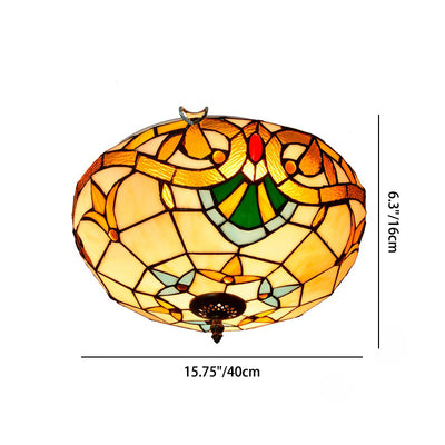 Traditional Tiffany Half Orb Flower Stripe Plaid Iron Stained Glass 3-Light Flush Mount Ceiling Light For Living Room