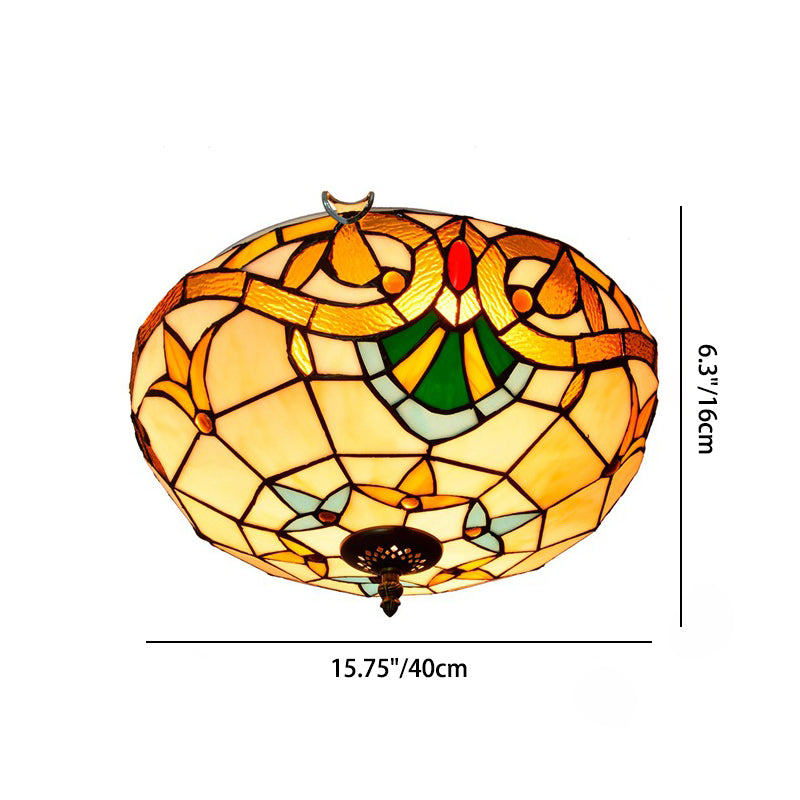 Traditional Tiffany Half Orb Flower Stripe Plaid Iron Stained Glass 3-Light Flush Mount Ceiling Light For Living Room