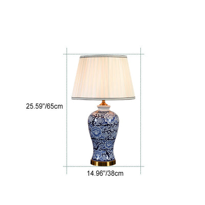 Traditional Chinese Fabric Shade Hand-Painted Celadon Base 1-Light Table Lamp For Living Room