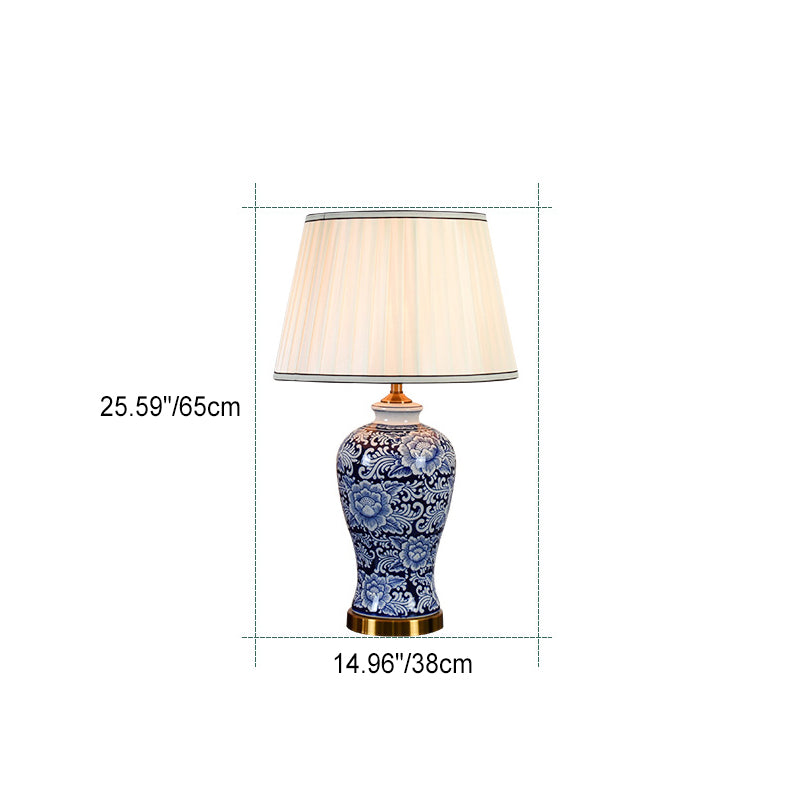 Traditional Chinese Fabric Shade Hand-Painted Celadon Base 1-Light Table Lamp For Living Room