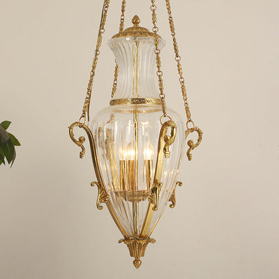 Contemporary Luxury Engraved Full Copper Glass Tapered Shade 4-Light Chandelier For Living Room