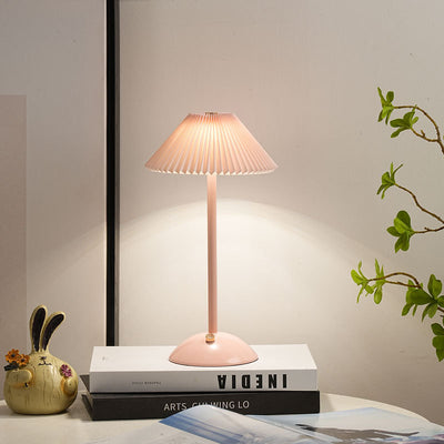 Contemporary Scandinavian Rechargeable Iron Fabric Conic Pleated LED Table Lamp For Bedside