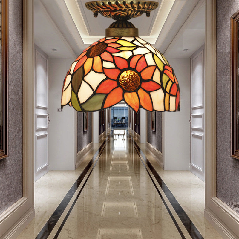 Traditional Tiffany Stained Glass Sunflower Bowl Shape 1-Light Semi-Flush Mount Ceiling Light For Living Room