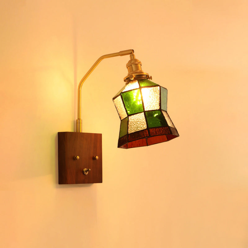 Contemporary Retro Square Cone All Copper Wood Glass 1-Light Wall Sconce Lamp For Living Room