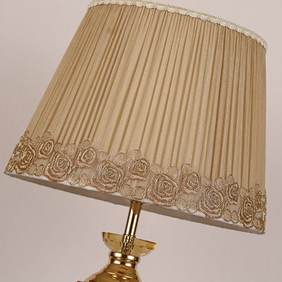 Traditional European Cylinder Hardware Crystal Fabric 1-Light Table Lamp For Bedroom