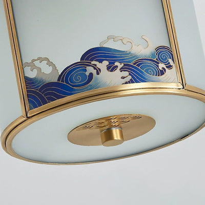 Traditional Chinese Painting Cylinder Copper Solder 1-Light Semi-Flush Mount Ceiling Light For Bedroom