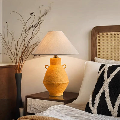 Traditional Japanese Jar Ceramic Fabric 1-Light Table Lamp For Living Room