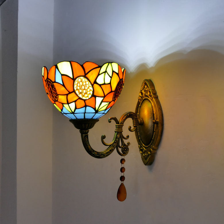 Traditional Tiffany Cup Rose Sunflower Dragonfly Iron Stained Glass 1-Light Wall Sconce Lamp For Bedroom