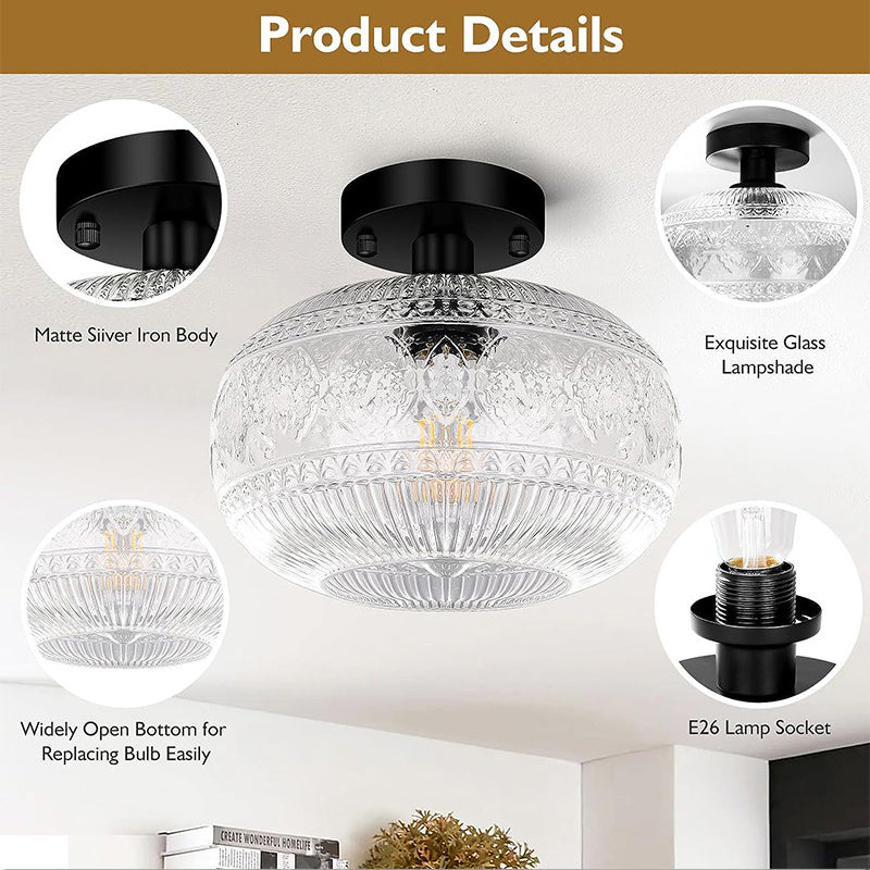 Modern Minimalist Round Patterned Spherical Glass Crystal Iron 1-Light Semi-Flush Mount Ceiling Light For Living Room