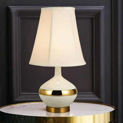 European Light Luxury Pleated Fabric Cone Ceramic Round Base 1-Light Table Lamp