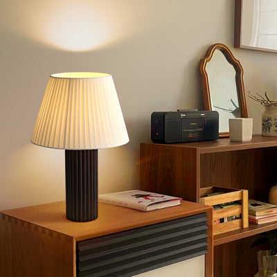 Contemporary Retro Cylinder Pleated Wood Fabric Brass 1-Light Table Lamp For Bedside