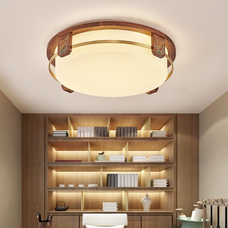 Traditional Chinese Walnut Copper Acrylic Round Square Rectangular LED Flush Mount Ceiling Light For Living Room