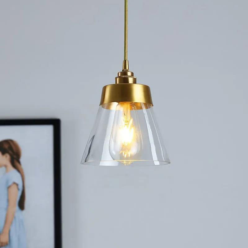 Modern Minimalist Round Trapezoid Brass Iron Glass 1-Light Pendant Light For Living Room