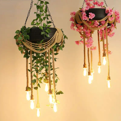 Contemporary Creative Tire Floral Decor Hemp Rope 6-Light Chandelier For Entertainment Rooms