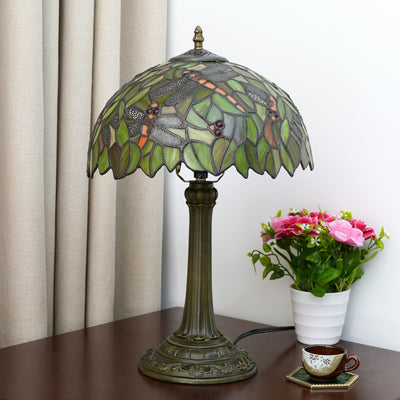 Traditional Tiffany Cylinder Half Round Disc Base Dragonfly Leaf Aluminum Glass 1-Light Table Lamp For Bedroom