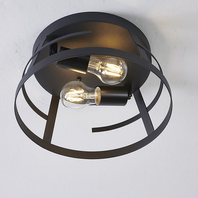 Industrial Minimalist Matte Black Circle Wrought Iron 2-Light Flush Mount Ceiling Light