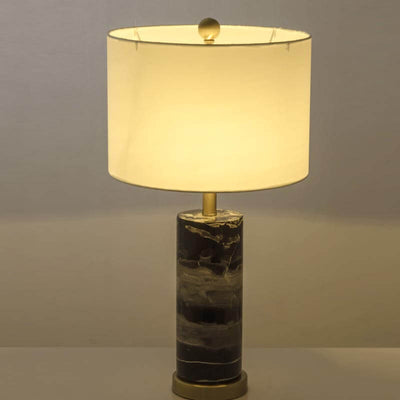 Abat-jour vintage en tissu simple, base cylindrique en marbre, lampe de table à 1 lumière