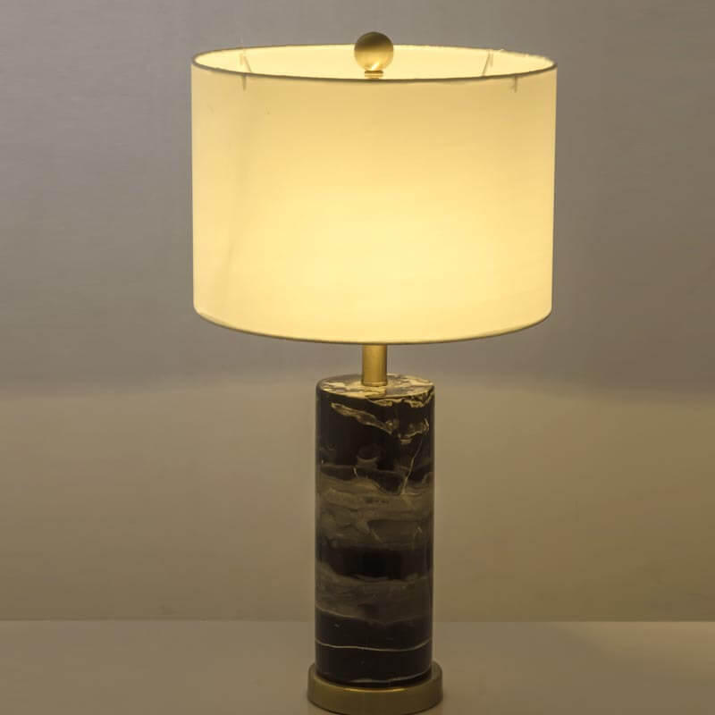 Abat-jour vintage en tissu simple, base cylindrique en marbre, lampe de table à 1 lumière