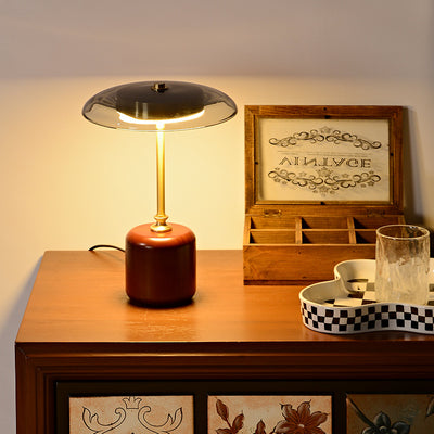 Contemporary Retro Brass Wood Glass Round Cylinder LED Table Lamp For Bedside