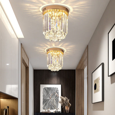 Modern Luxury Round Cylinder Crystal Hardware Base 1-Light Flush Mount Ceiling Light For Hallway