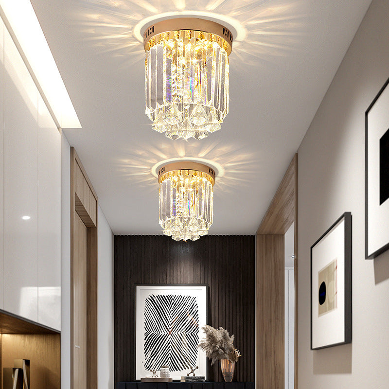 Modern Luxury Round Cylinder Crystal Hardware Base 1-Light Flush Mount Ceiling Light For Hallway