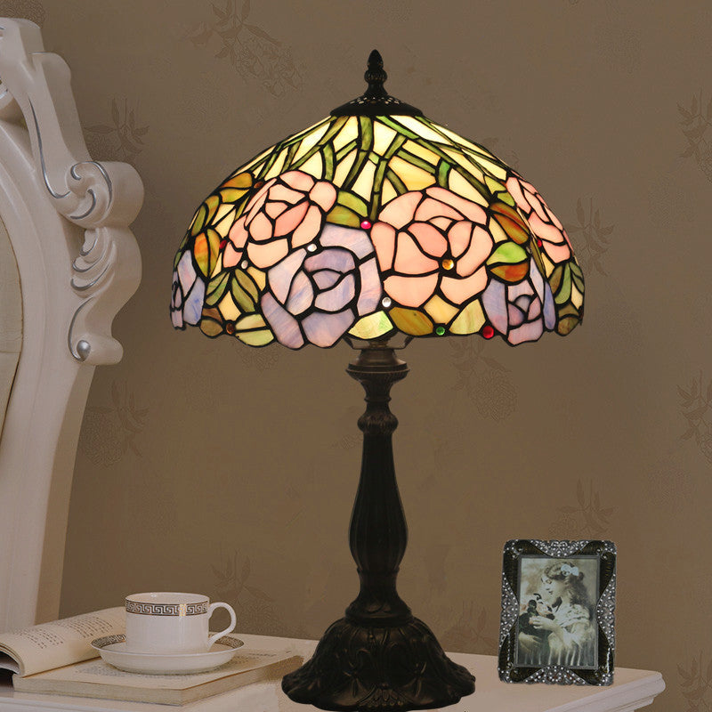 Traditional Tiffany Rose Flower Stained Glass Dome 1-Light Table Lamp For Bedroom