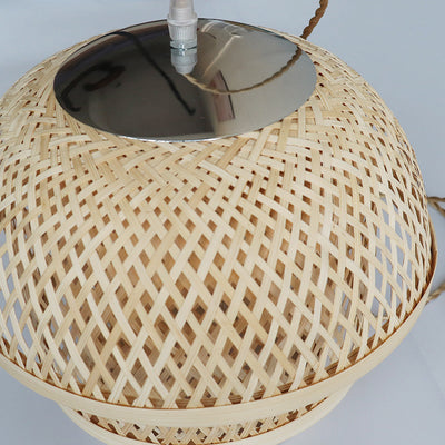 Traditional Chinese Bamboo Woven Cylinder 1-Light Pendant Light For Dining Room