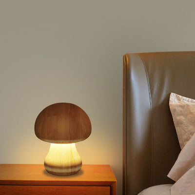 Contemporary Creative Mushroom Rubberwood Beechwood LED Table Lamp For Bedroom