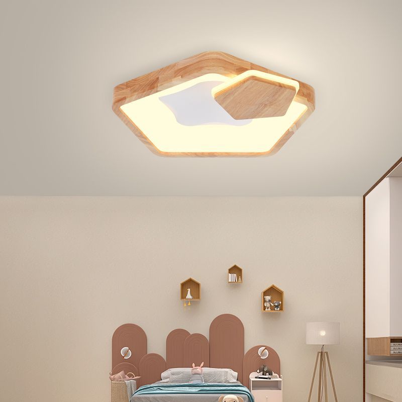 Modern Minimalist Pentagonal Star Wood Grain Acrylic LED Flush Mount Ceiling Light For Bedroom