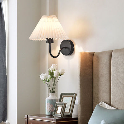 Modern Minimalist Pleated Disc Base Iron Fabric 1-Light Wall Sconce Lamp For Bedroom