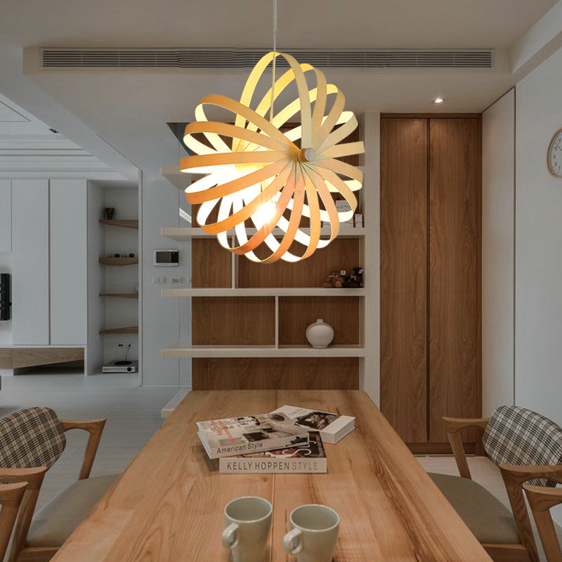 Traditional Japanese Wood Conch Shape 1-Light Pendant Light For Living Room