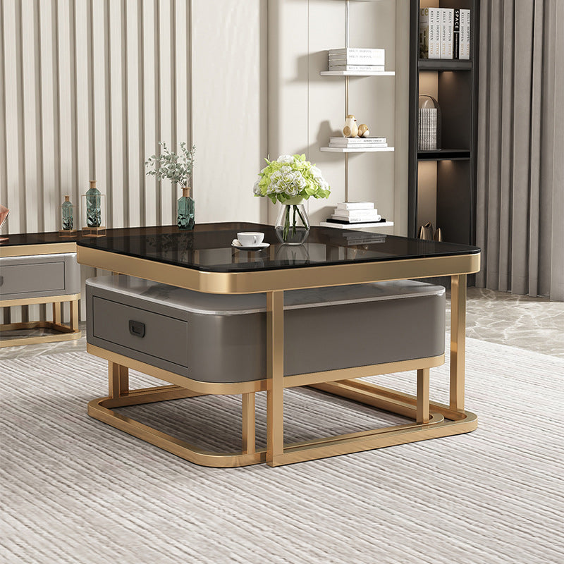 Modern Minimalist Square Rock Slab Glass Metal Combination Coffee Table 1-Drawer For Living Room