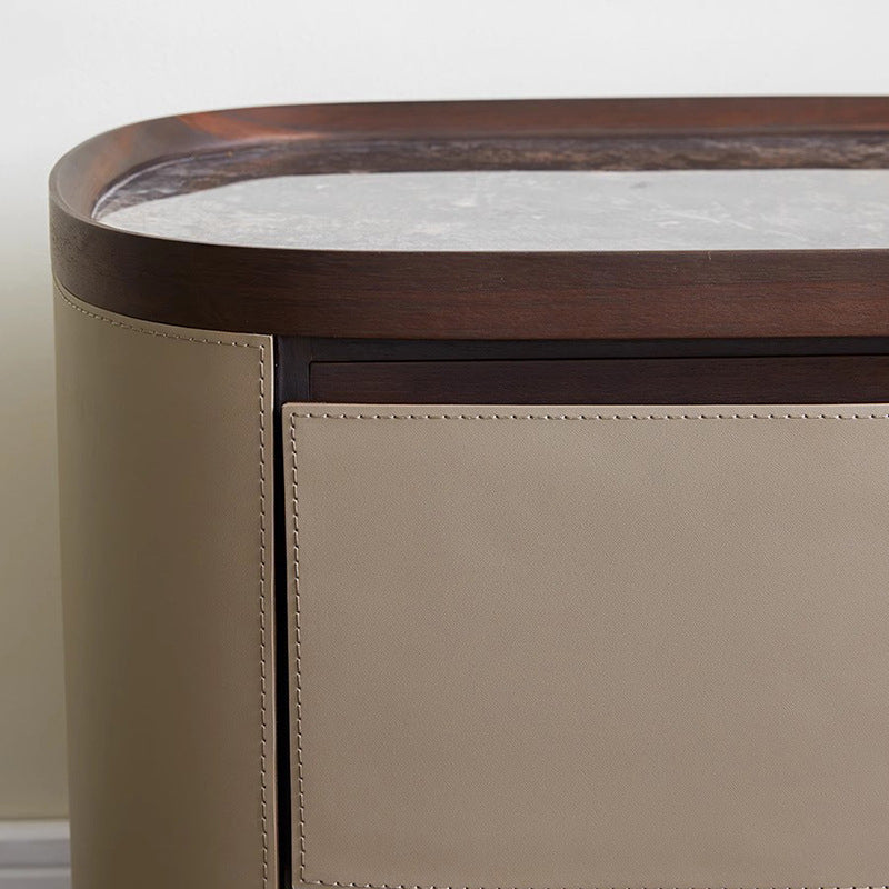 Modern Minimalist Elliptical Slate Saddle Leather Walnut Velvet Nightstand 2-Drawer For Bedside