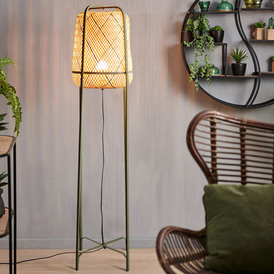 Traditional Japanese Cylindrical Hand-Woven Bamboo 1-Light Standing Floor Lamp For Bedroom