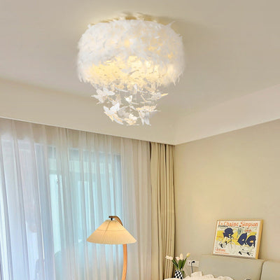 Contemporary Scandinavian Butterfly Feather Round Crystal Turkey Feather Iron LED Flush Mount Ceiling Light For Bedroom