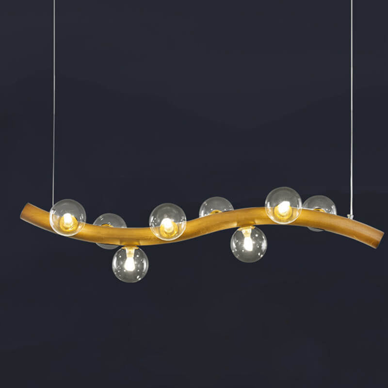 Modern Minimalist Wave Line Orb Solid Wood Glass 6/8/10 Lights Island Light Chandelier For Dining Room