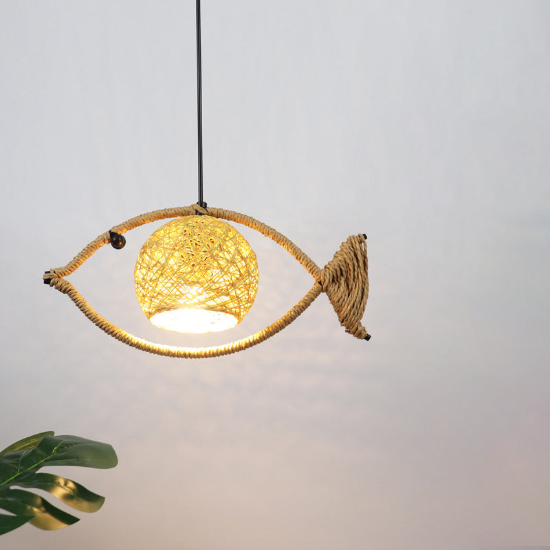 Traditional Chinese Fish Hemp Rope Weaving 1-Light Pendant Light For Living Room