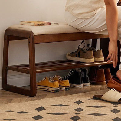 Modern Minimalist Rectangular Solid Wood Leather Shoe Storage Benches For Entryways