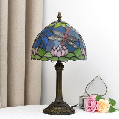 Traditional Tiffany Glass Resin Dome Dragonfly Lotus 1-Light Table Lamp For Study