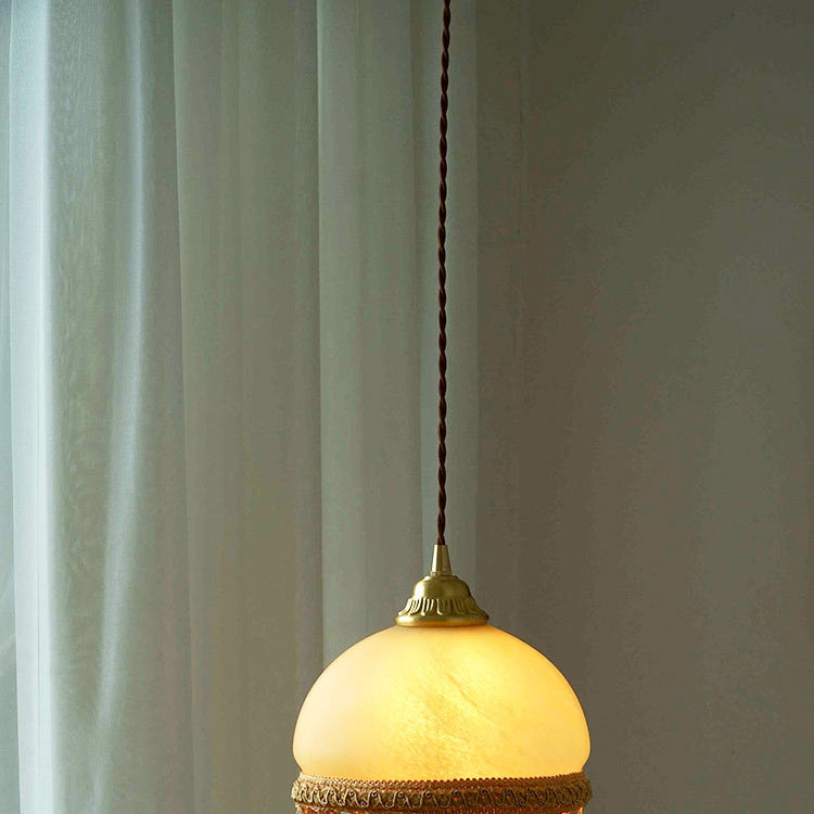 Traditional French Round Tassel Glass Copper Fabric 1-Light Pendant Light For Living Room