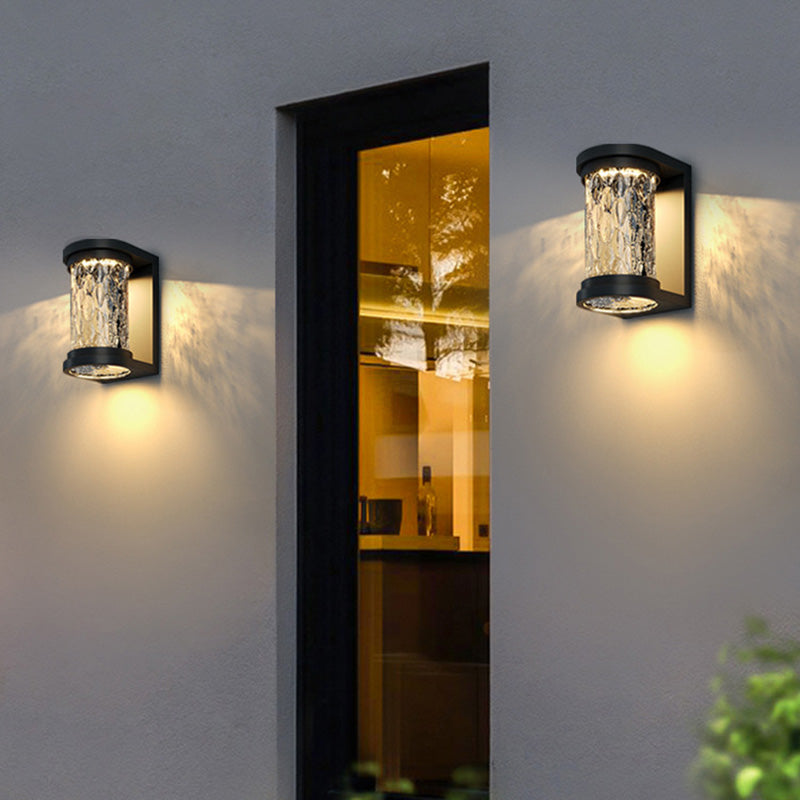 Modern Luxury Waterproof Solar Stainless Steel Glass Cylinder LED Wall Sconce Lamp For Outdoor Patio