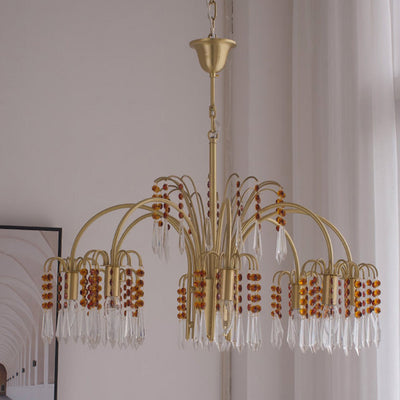 Traditional French Hanging Bead Chain Copper Crystal 3/6/8 Light Chandeliers For Livnig Room