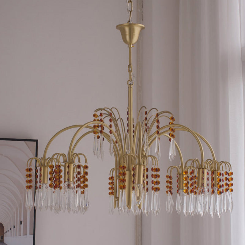 Traditional French Hanging Bead Chain Copper Crystal 3/6/8 Light Chandeliers For Livnig Room